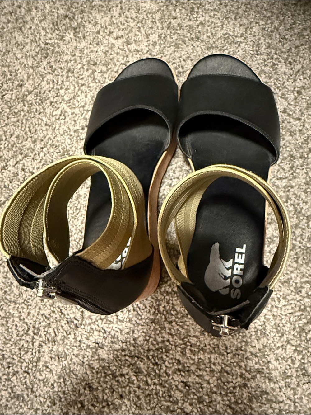 Sorel Women's Black Platform Sandals with Olive Wrap Ankle Straps - Picture 3 of 4